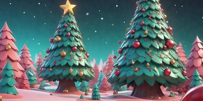 The primary subject of the image is a Christmas tree, which is adorned with ornaments and lights. The setting is a snowy landscape, with a night sky visible in the background. The visual style is a digital art or illustration, creating a festive and magical atmosphere. The dominant colors are green, gold, and red, which are associated with the Christmas season.